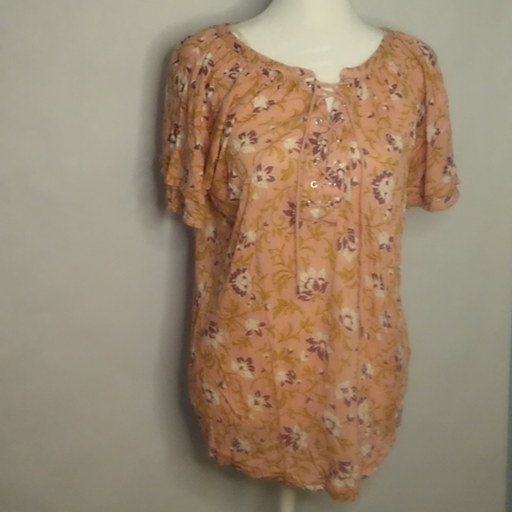 Chaps floral short sleeve top with lace-up bodice, Size large
